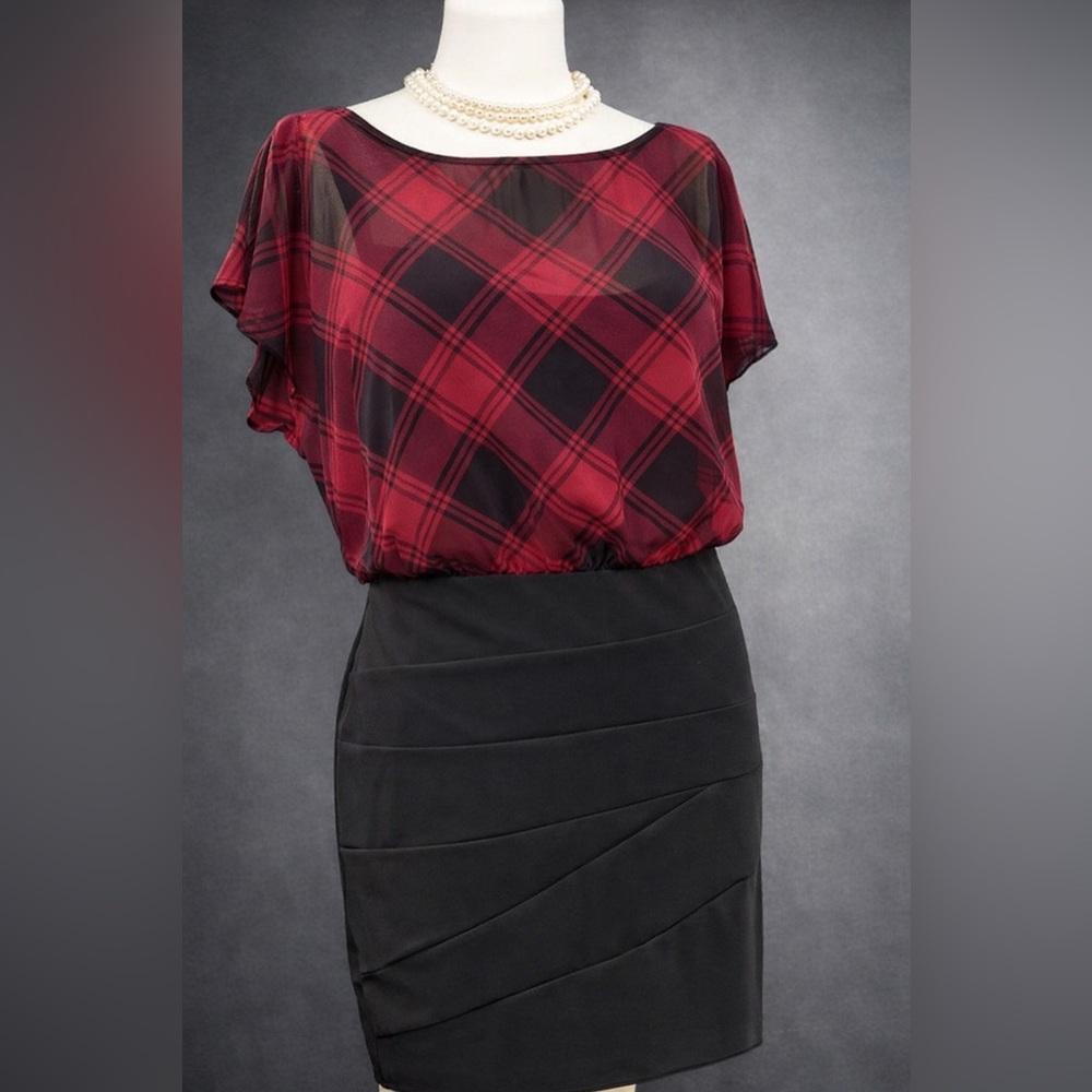 Women’s 16W Red (burgundy) & Black Plaid Sheer Overlay Dress | Like New
